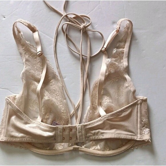 Savage x Fenty Caged Bra Size 34DD Unlined Floral Lace Beige Strappy Waist Tie - Picture 11 of 13